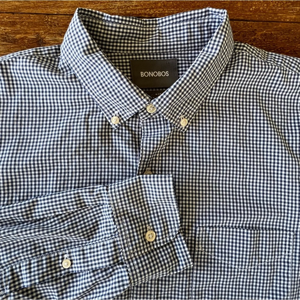 Bonobos Men’s Navy Blue White Check Button Down Long Sleeve Shirt SLIM Fit XL